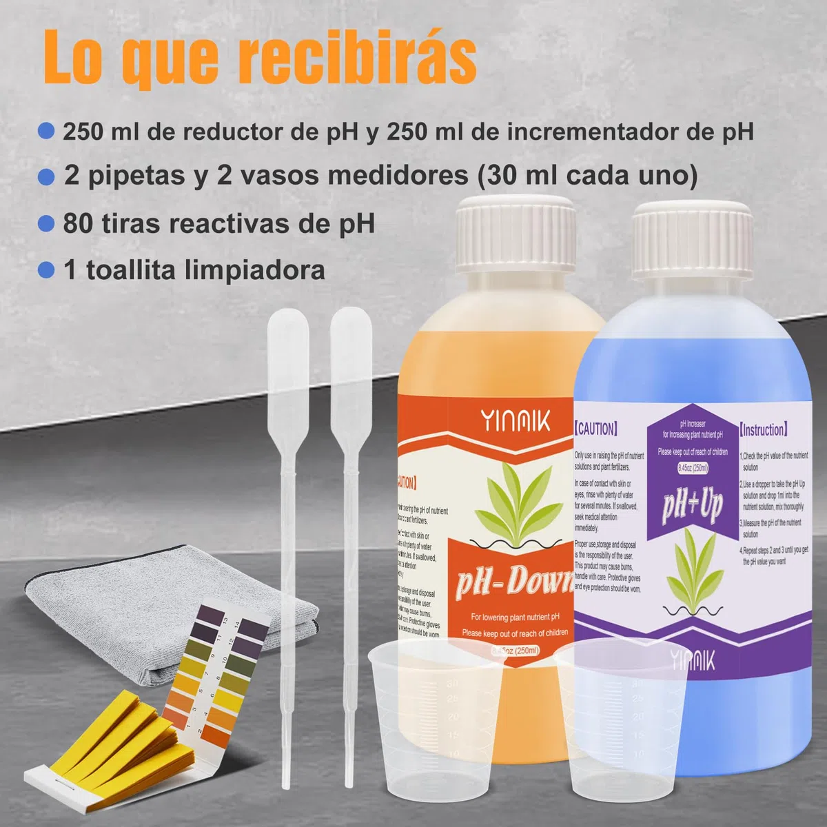 YINMIK Regulador de pH Hidropónico Universal, Kit de Ajuste de pH Hacia Arriba/Abajo (2 * 250 ml solución tampón premium), Eestabiliza y Es Apto Para Todos los Sistemas de Fertirrigación Hidropónica