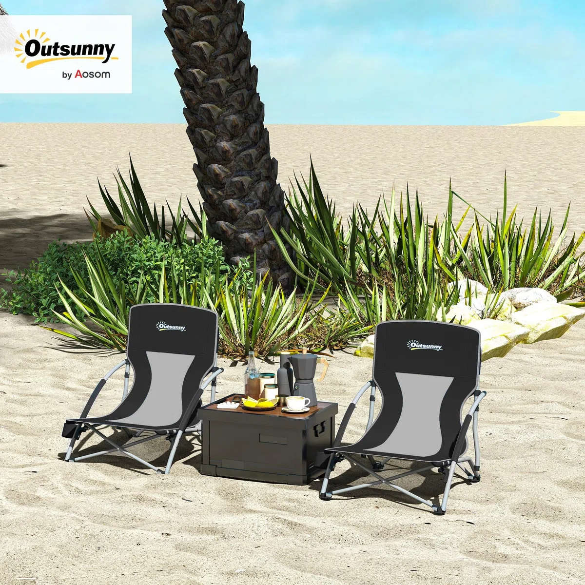 Outsunny Pack de 2 Sillas de Playa Plegables Ligeras Sillas de Camping Portátiles Bajas con Respaldo de Malla Tela Oxford 600D Portavasos Reposabrazos Bolsa para Acampada Carga 120 kg Negro