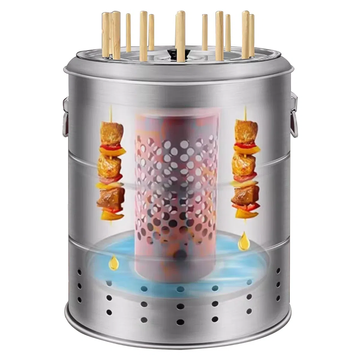 Barbacoa de Carbon, Parrilla Ahumador de Acero Inoxidable de Barril, 360° Sin Humo para Exteriores, Estufa Colgante de Carbón para Fiestas