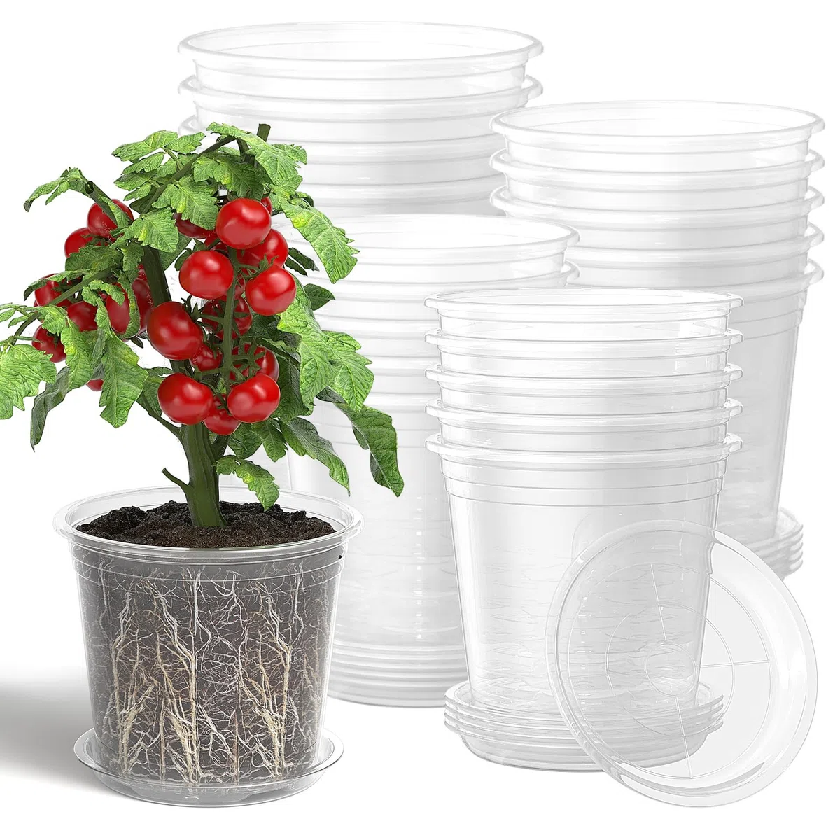20 macetas de cultivo transparentes con posavasos, macetas de plástico con orificios de drenaje, ideales para interiores y exteriores (10/13/15/18 cm)