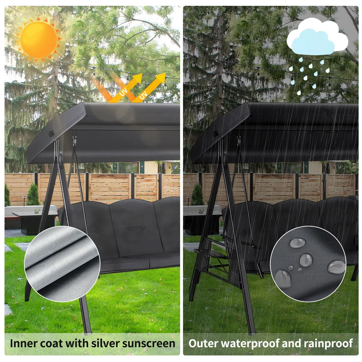Toldo universal para columpio de Hollywood, cubierta impermeable y protectora contra lluvia y sol, tela Oxford 210/420D, color negro