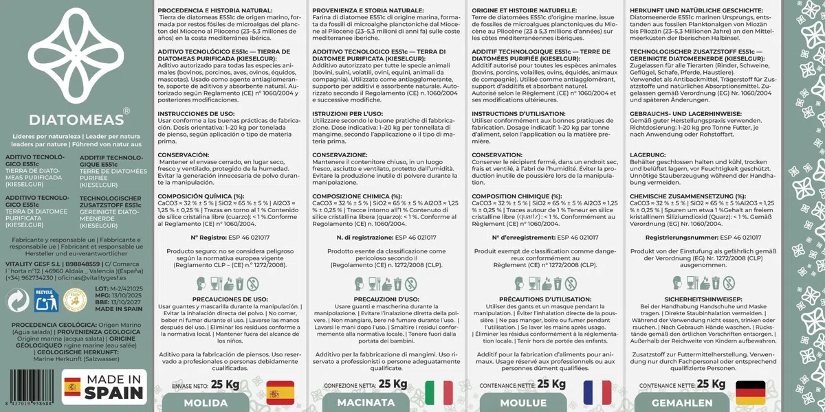 Molida E551c – Tierra de Diatomeas Purificada | Aditivo Tecnológico Antiaglomerante para Piensos | Sílice Amorfa de Origen Natural | Saco 25 kg