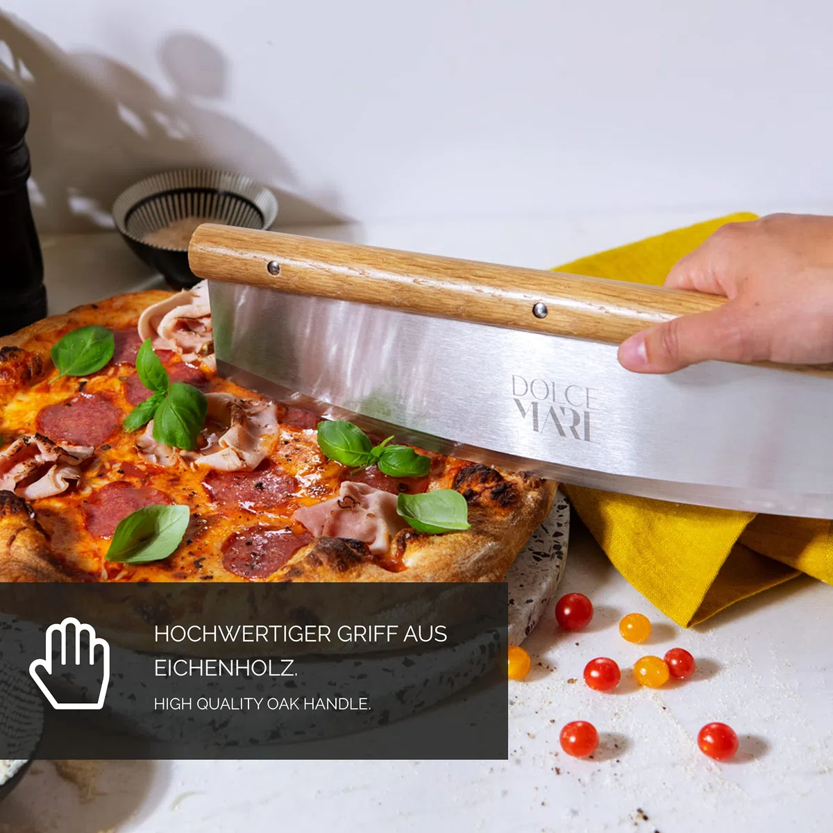Set con piedra redonda para pizza, pala de madera & cortador - Piedra negra de cordierita de alta calidad apta para horno y parrilla - Piedra para hacer pizzas crujientes al estilo italiano