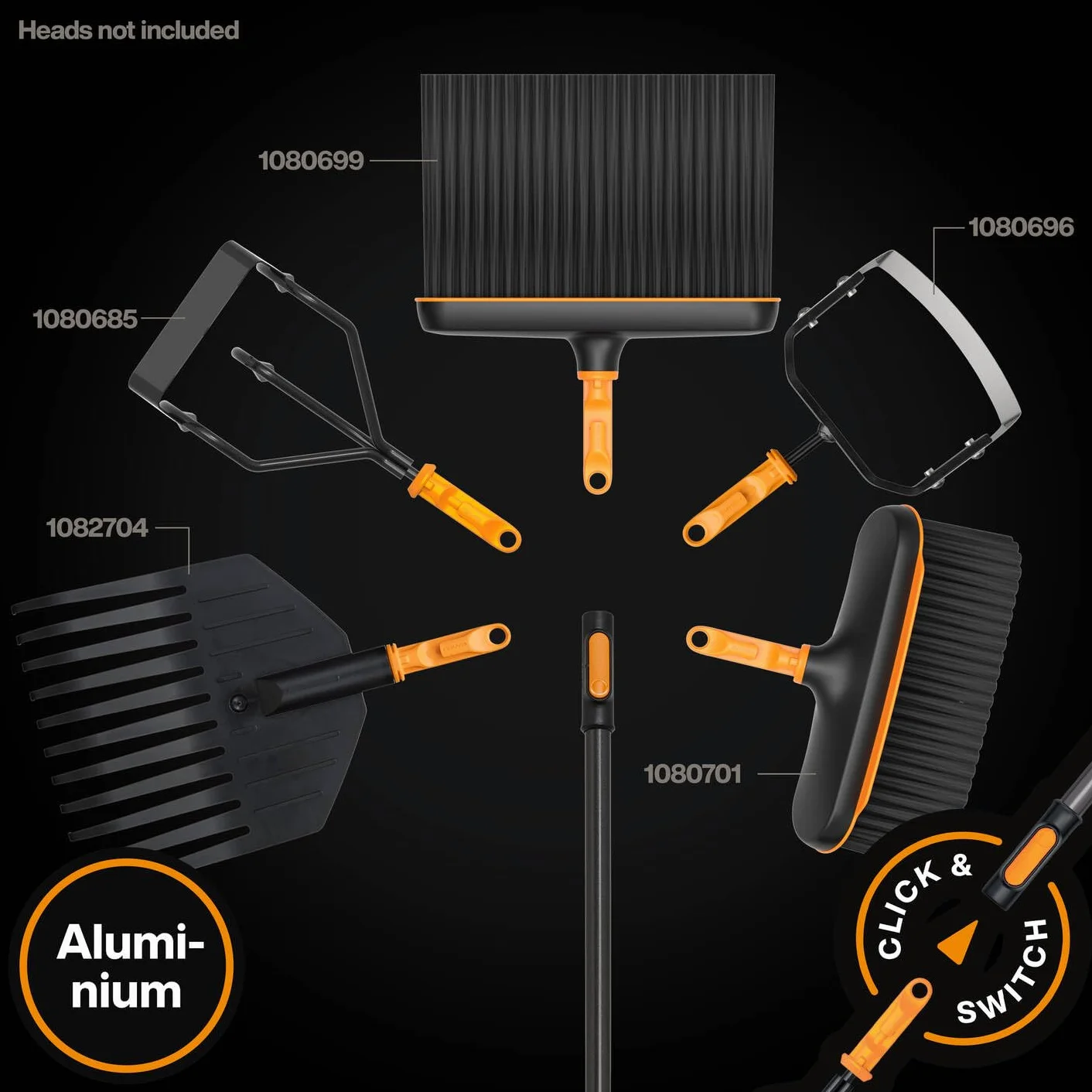 Fiskars OneClick Mango L, Mango universal para herramientas de jardín, Cambio sin esfuerzo con un solo clic, Adaptador QuikFit disponible por separado, 161 cm, Aluminio ligero, Negro/Naranja, 1080547