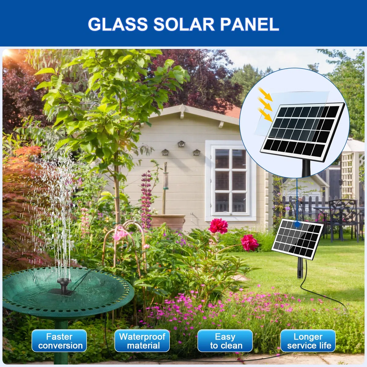 SZMP Fuente Solar, 3.5W Fuente de Jardín, Solar Fuente con 8 Boquillas, 3M Cable para Estanque de Jardín, Baño para Pájaros, Piscina, Césped