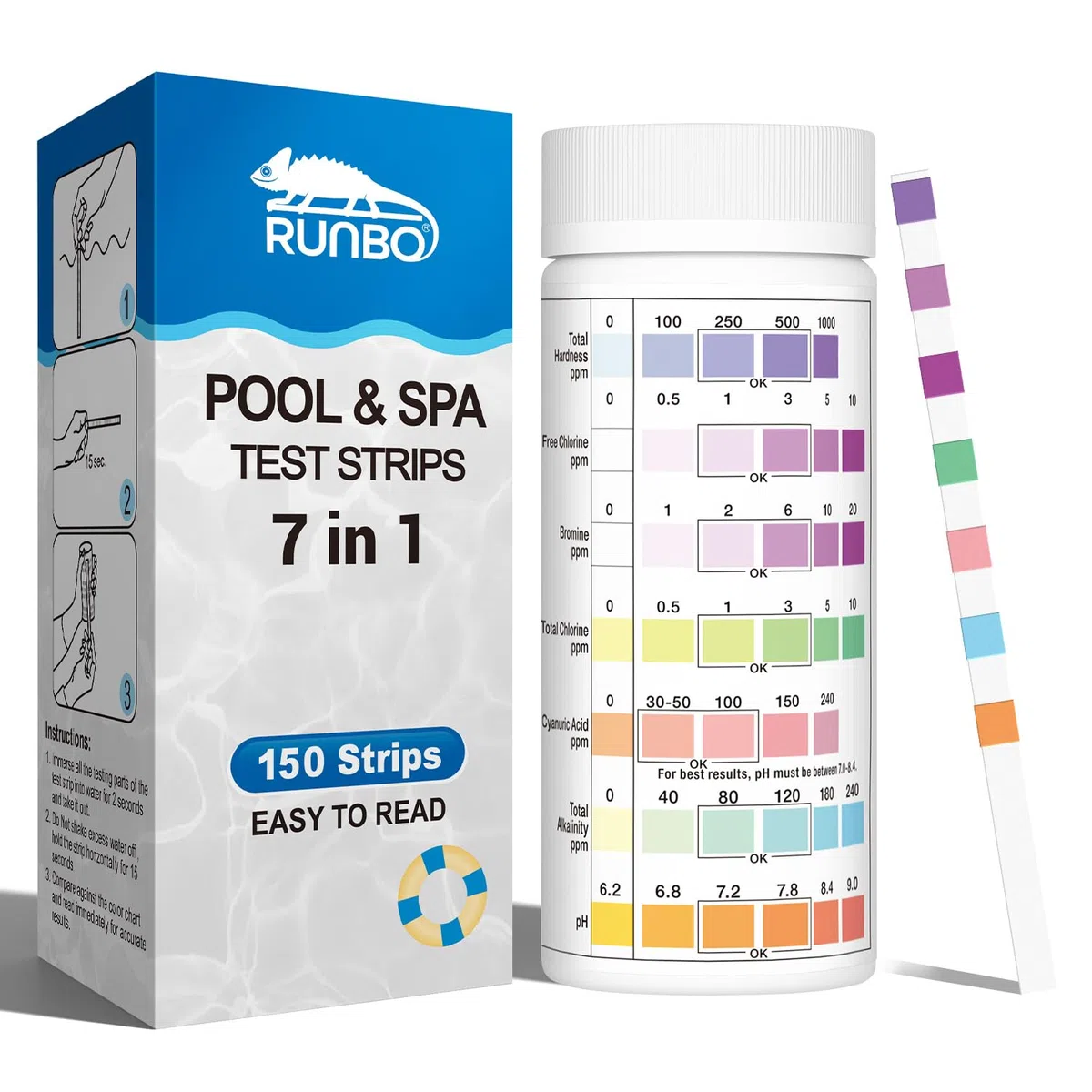 Tiras de prueba de piscina 7 en 1 para spa | Kit de prueba de agua rápido y preciso de 150 tiras, bromo, alcalinidad total, pH, cloro libre, dureza total, ácido cianúrico y cloro total tiras de prueba
