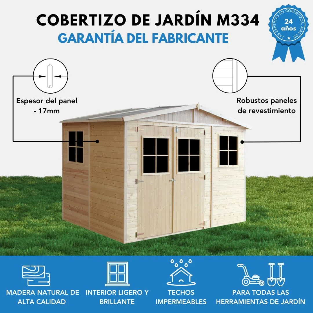 Caseta de Jardín Exterior de Madera 6,03 m², Cobertizo para Bicicletas, Caseta de Almacenamiento, Pared de 17 mm, Ventana, TIMBELA M334+M334G