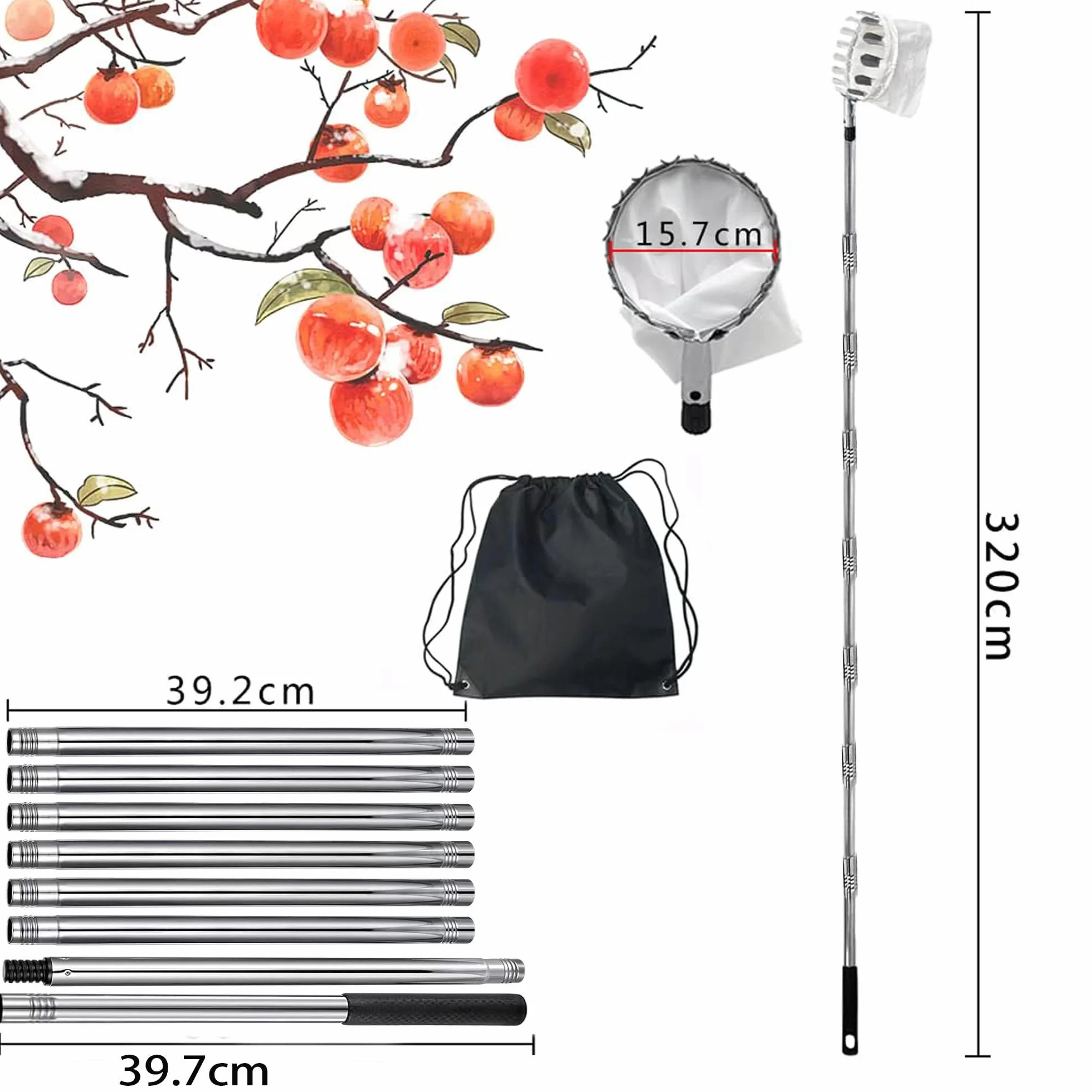 Jiahuade Recogedor de Frutas Telescopico,Cesta Recogedora de Manzanas,Recoge Frutas Altuna,Recoge Frutas,Recogedor de Frutas,Recoge Frutas Telescopico,Recoge Frutas de árboles (3.2M)