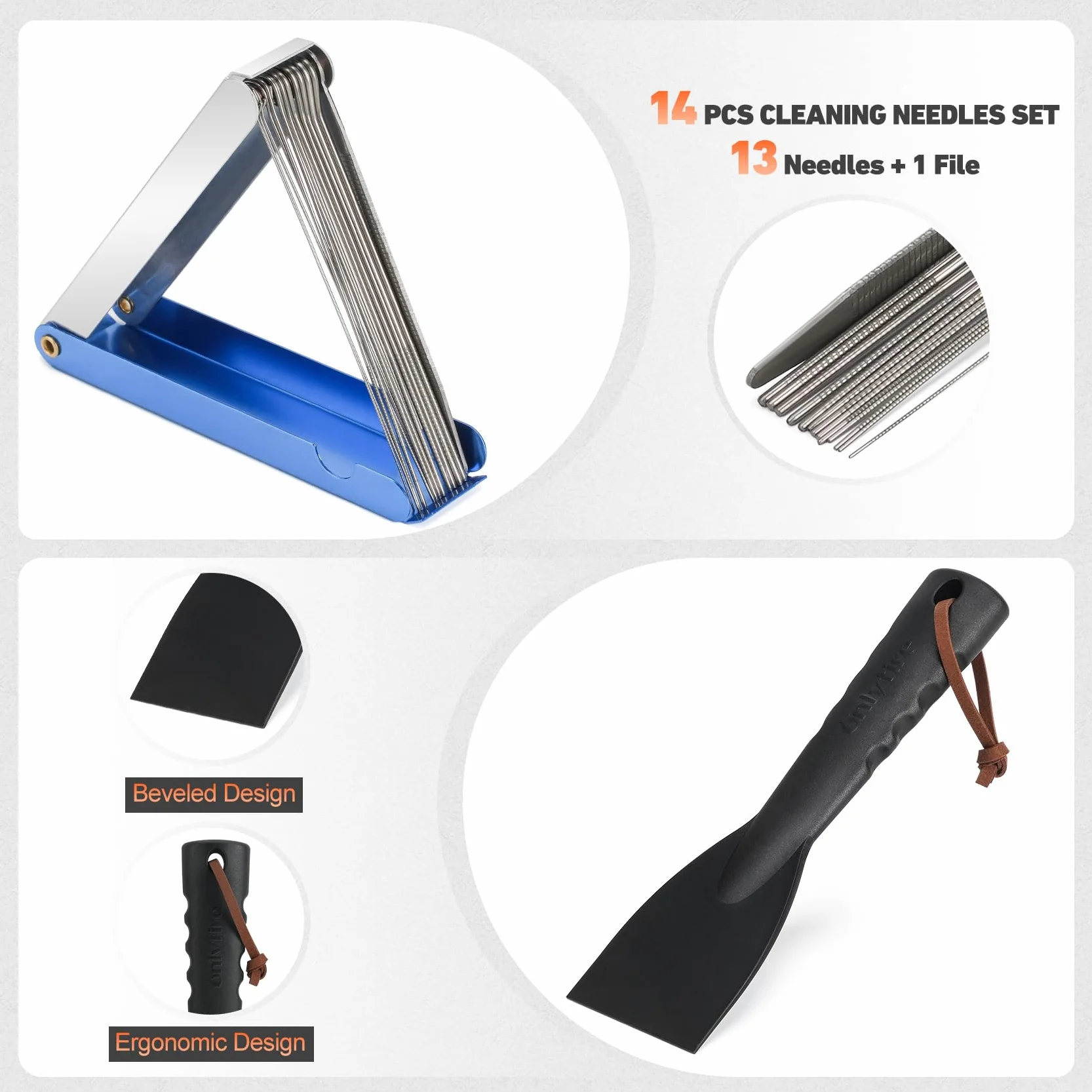 Onlyfire Kit de Limpieza BBQ 3 Piezas, Incluye Raspador de Plástico, Cepillo de Alambre y Agujas de Acero Inoxidable para Eliminar Óxido y Atascos, Kit Limpieza Parrilla con Orificio para Colgar