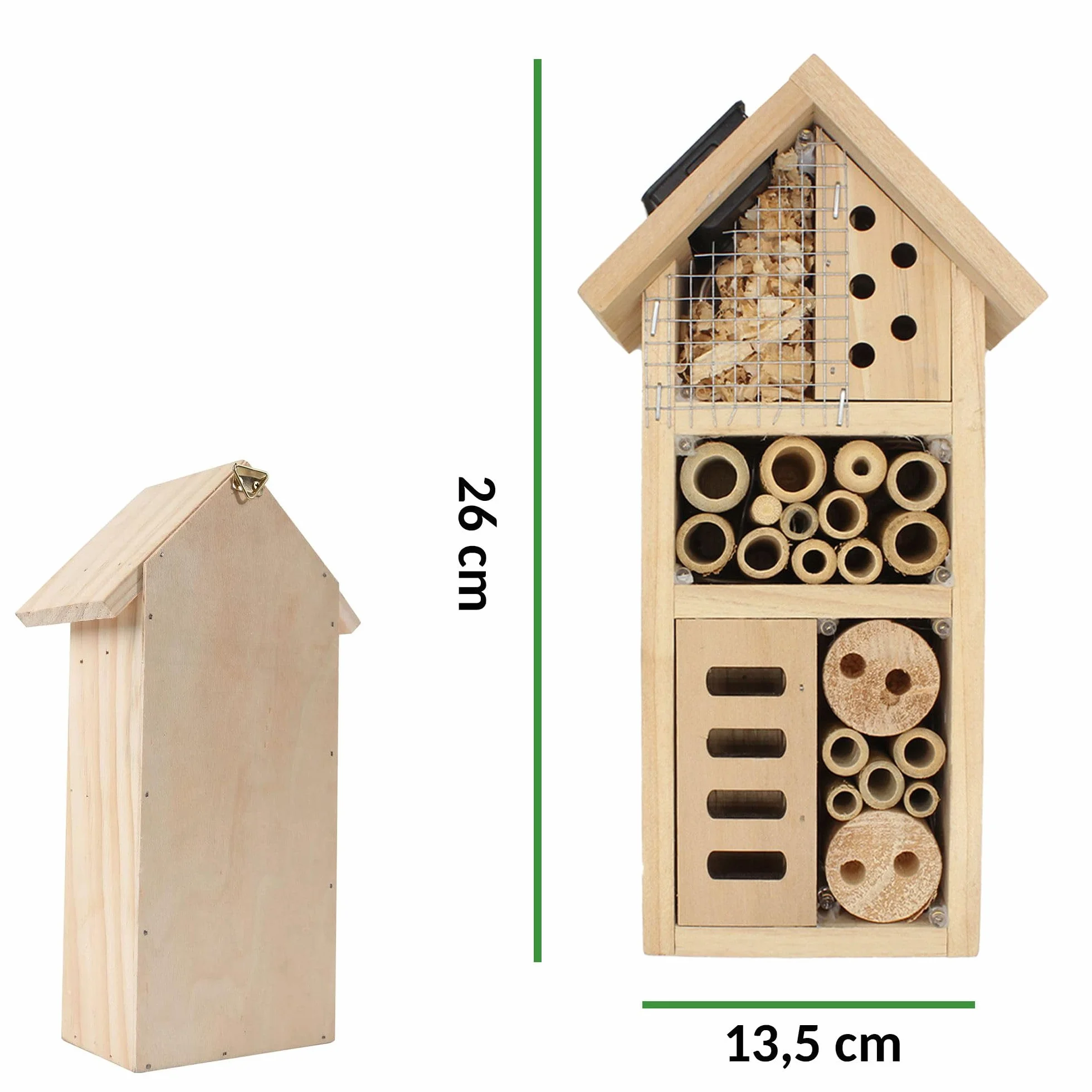 FISHTEC - Hotel de Insecto - Casa Solar de Madera - 10 LED Alimentados por Panel Solar - Madera de pino macizo - Para colocar o colgar - Refugio para todas las estaciones - Escarabajo, Mariposa,