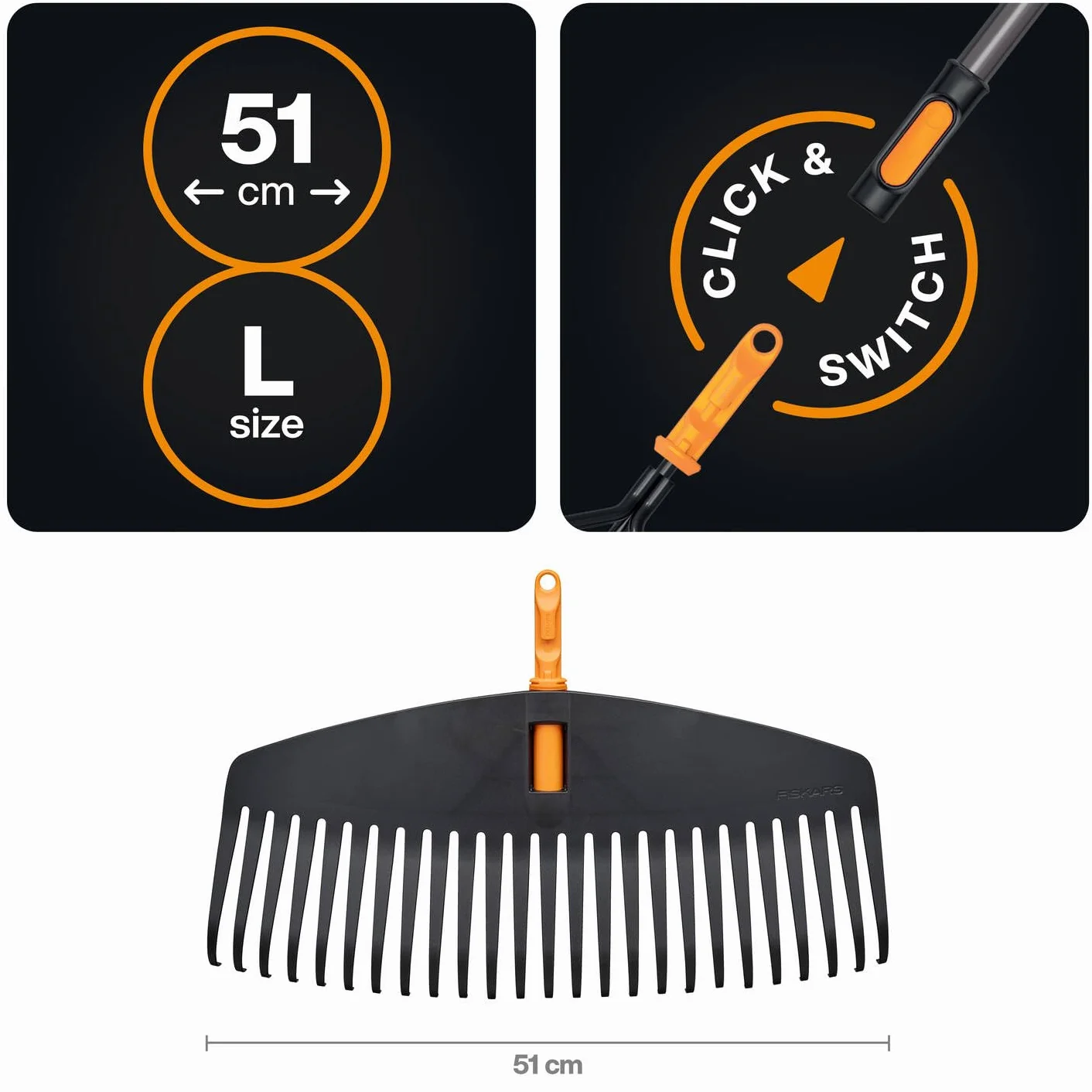 Fiskars OneClick Rastrillo de Hojas L, Accesorio Escoba en Abanico para Jardines Grandes, Cambio sin Esfuerzo en un Clic, Ancho: 51cm, Negro/Naranja, 1080673