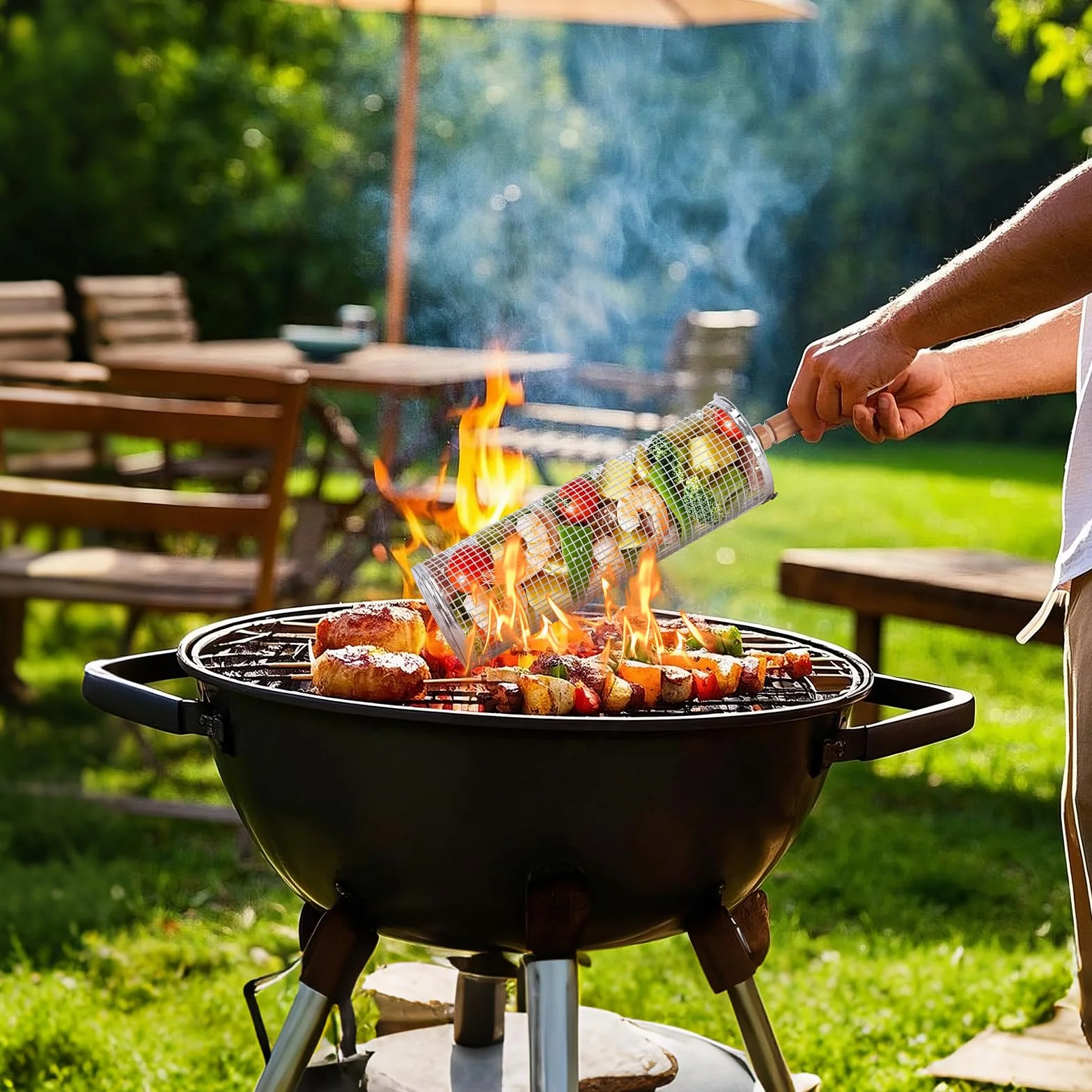 Paquete de 2 cestas rodantes para barbacoa, cesta para barbacoa de acero inoxidable con mango de madera, cesta giratoria para barbacoa, accesorios para barbacoa para acampar al aire libre