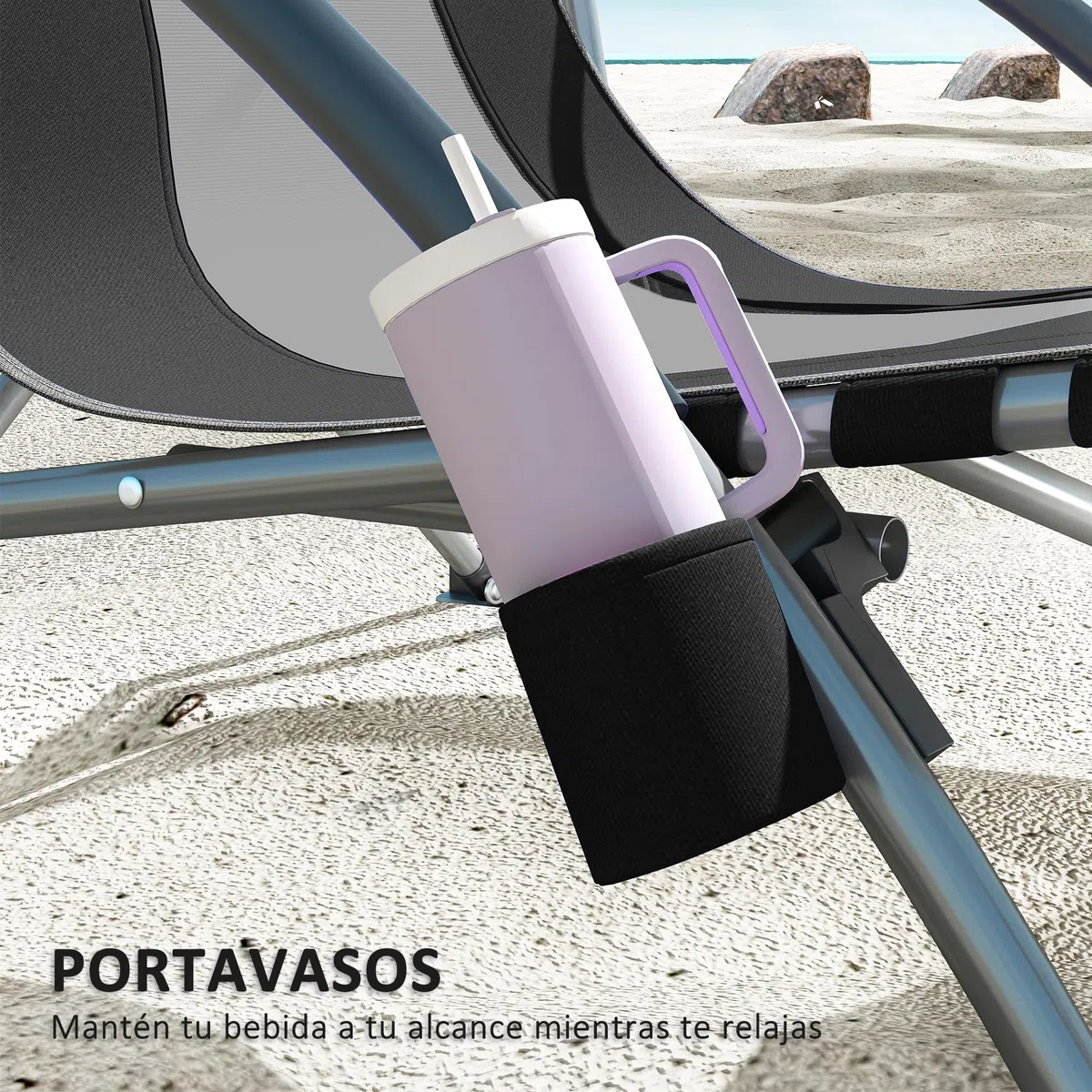 Outsunny Pack de 2 Sillas de Playa Plegables Ligeras Sillas de Camping Portátiles Bajas con Respaldo de Malla Tela Oxford 600D Portavasos Reposabrazos Bolsa para Acampada Carga 120 kg Negro
