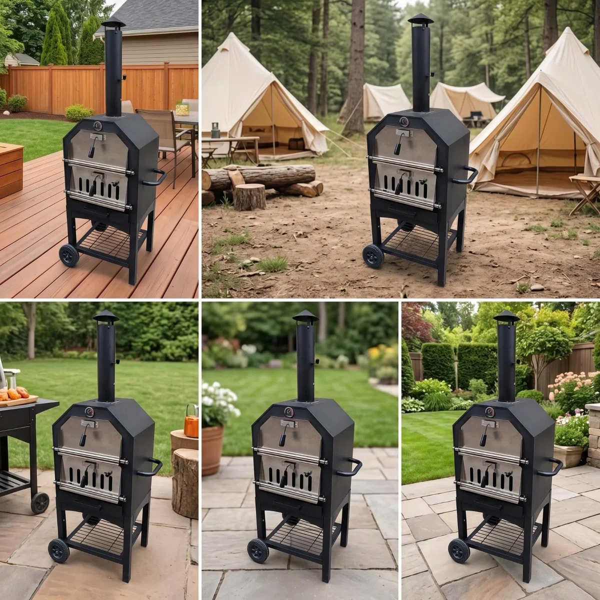 Parrilla de Carbón Vegetal para Barbacoa Barbacoa Asador Ahumador con Disposición Vertical Compacta y Cámara Frontal Metal y Acero Inoxidable con