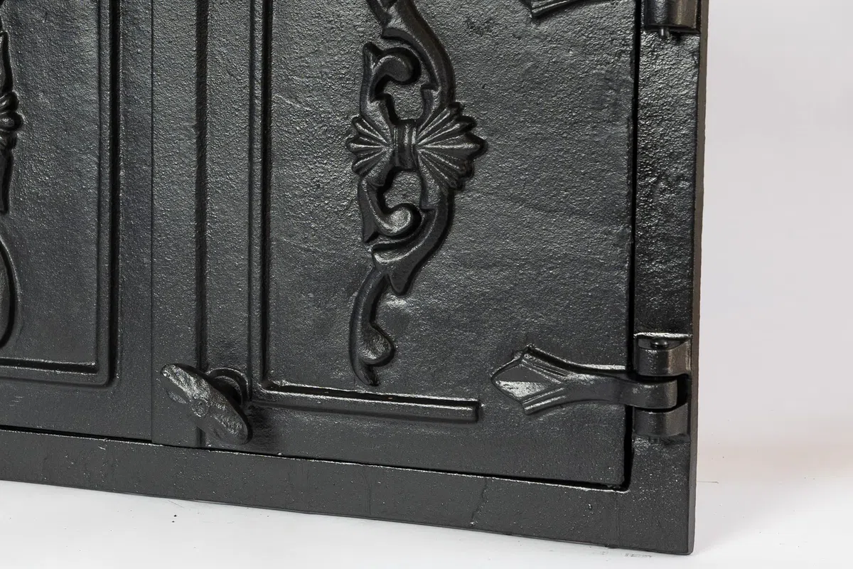 Sezam, Puerta de horno de hierro fundido, puerta de horno de doble puerta con termómetro de 500 C, 55,5 x 41 cm, horno de pan, cocina de jardín y cámara de ahumado, color negro