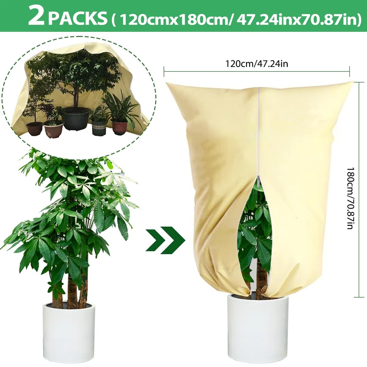 Funda para Plantas 120x180cm, Protector de Invierno para Plantas, Cubierta de Planta de jardín Resistente, Capucha Protectora Antiheladas con Cremallera y Cordón para Árboles y Planta 2PCs
