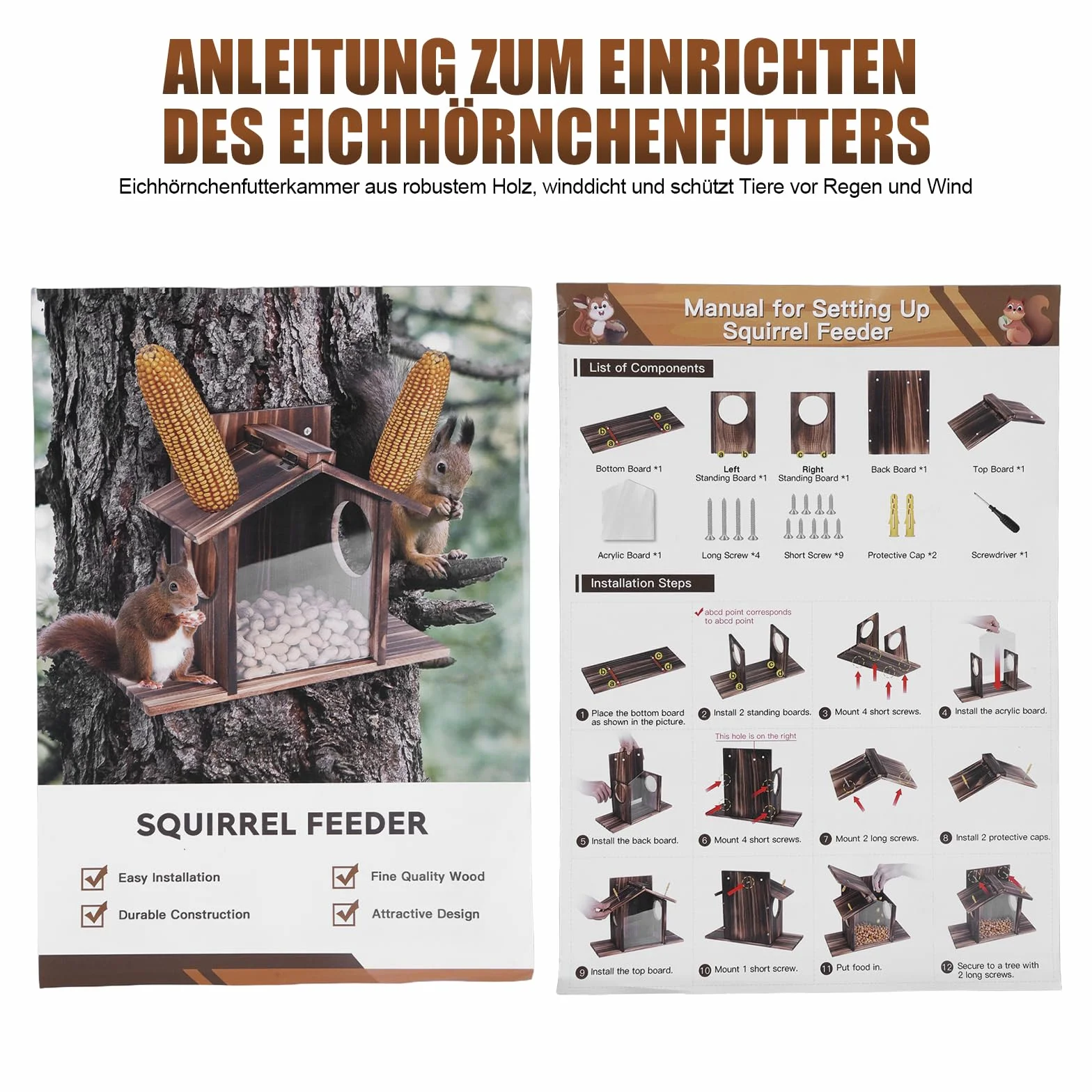 Comedero de madera resistente a la intemperie para ardillas, con revestimiento de aceite de linaza, orificios de ventilación y gran comedero, comederos para ardillas y Kobel
