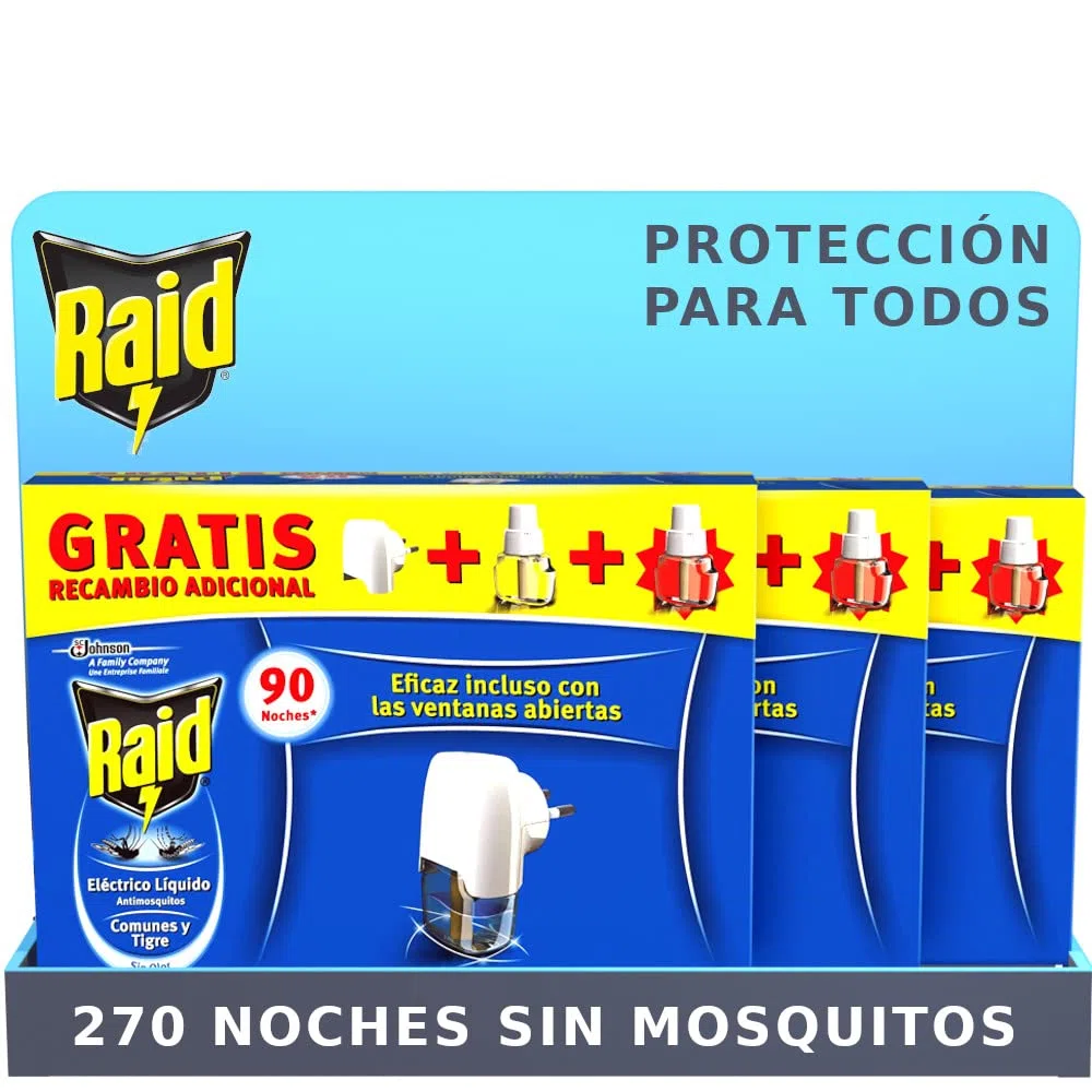 Raid Eléctrico Líquido Pack 270 noches - Enchufe anti mosquitos comunes y tigre con 3 aplicadores y 6 recambios de 45 noches, Sin Olor