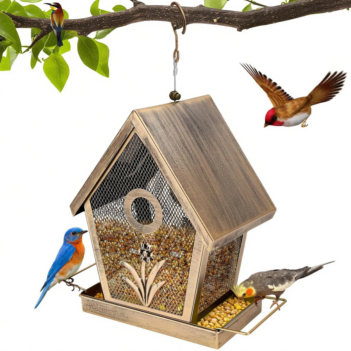Comedero metálico para Pájaros Casita Colgante para Pájaros Silvestres Comedero Resistente a La Intemperie Pequeño con Capacidad de 1,1 Kg, Ideal para Jardines, Patios y Patios Traseros