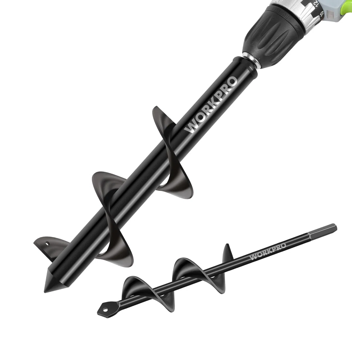 WORKPRO 2-Piezas Broca Espiral de Jardín para Taladro, Excavadora de Suelo tipo Barrena, Ideal para Plantar, 8 x 30 cm & 4 x 22 cm