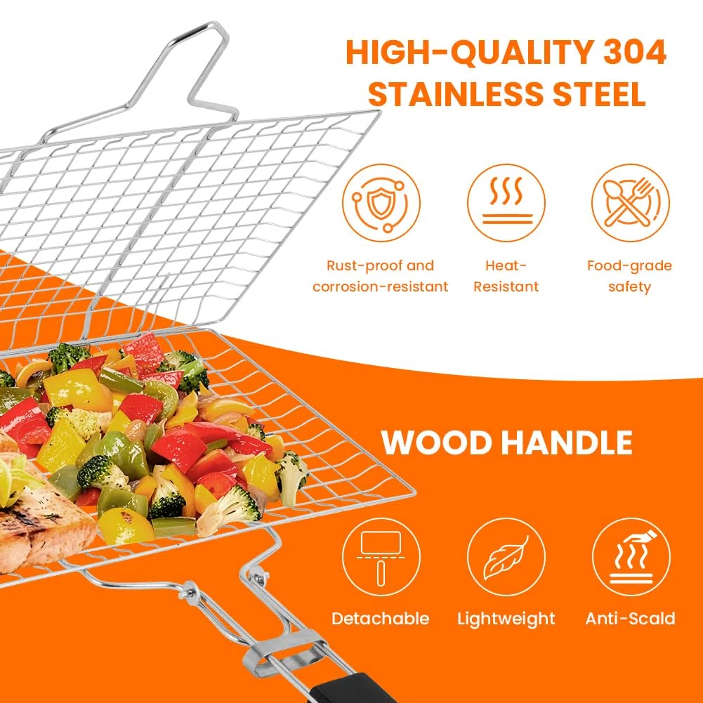 Cesta para Asar a la Parrilla, 304 Parrilla Acero Inoxidable para Asar con Bolsa y Cepillo, con Mango de Madera Desmontable, para Pescado, Carne, Verduras, Asado, Camarón, etc(33.5cm×22cm)