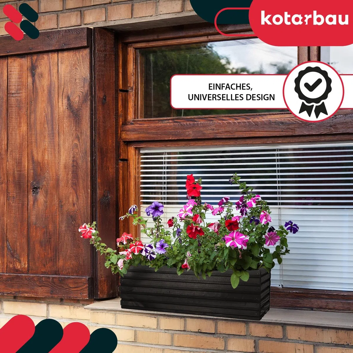 KOTARBAU Jardinera de madera de 44 x 20 cm con maceta interior para balcón, color negro, maceta para balcón, maceta, macetero, macetero, jardinera, exterior, balcón, jardín, terrazas, caja con inserto