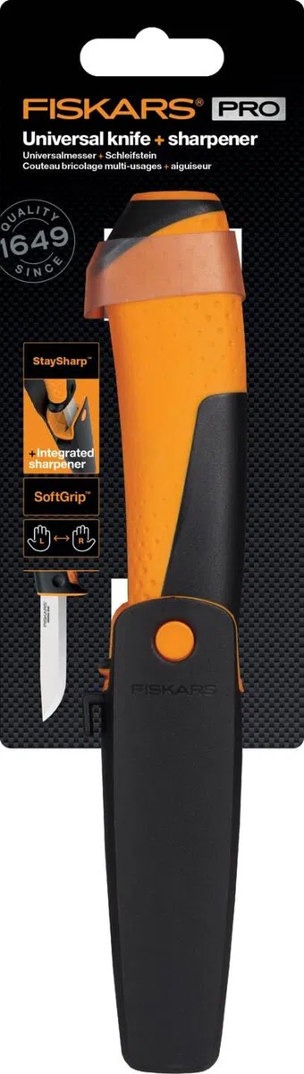 Fiskars Cuchillo universal, Incluye funda con afilador, 21,5 cm, Negro/Naranja, 1023618