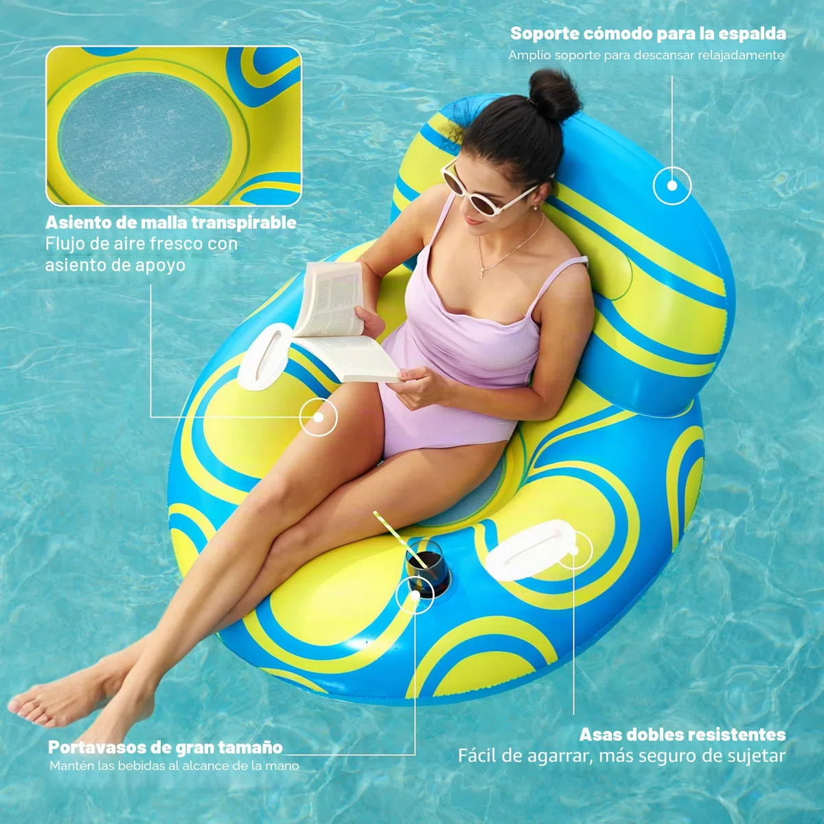 Sloosh Tumbona Flotador Inflable para Piscina con Gran Respaldo, Sillón Flotador de Aire con Asa y Portavasos, Balsas Inflables para Piscina de Verano para Adultos