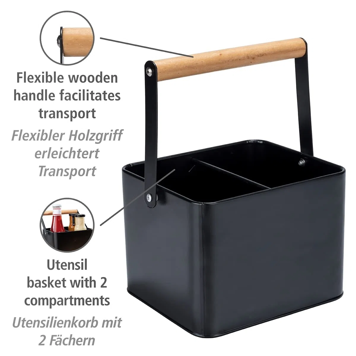 WENKO Cesta de utensilios Baco, accesorio Black Outdoor Kitchen, cesta de transporte robusta fabricada de metal negro recubierto de polvo y asa de madera flexible, ideal para salsas, 18 x 25,5 x 15 cm