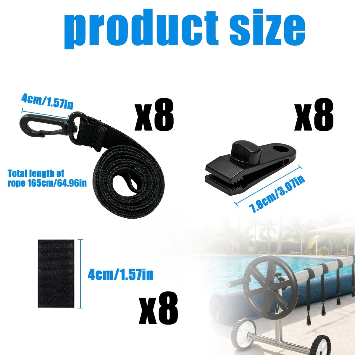 Juego de 8 Cintas de fijación y Grapas, Cintas de fijación para Lonas de Piscinas, recambios y Accesorios para Sistemas de Enrollado móviles, Lonas solares, Lonas de Piscina, Cubiertas
