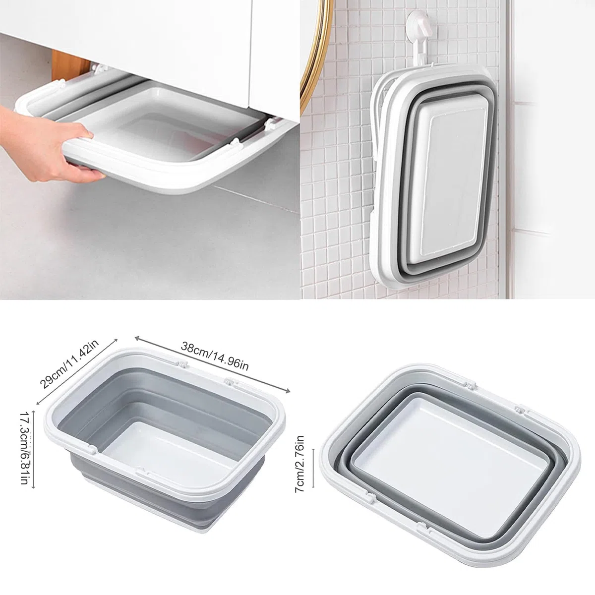 Cesta Plegable para Camping y Picnic, Cesta Picnic Plegable con Asa, Cesta de Pícnic Portátil, Cesta Plegable de Picnic para Acampar Aire Libre, Accesorios Camping, Gris Y Blanco, Plástico
