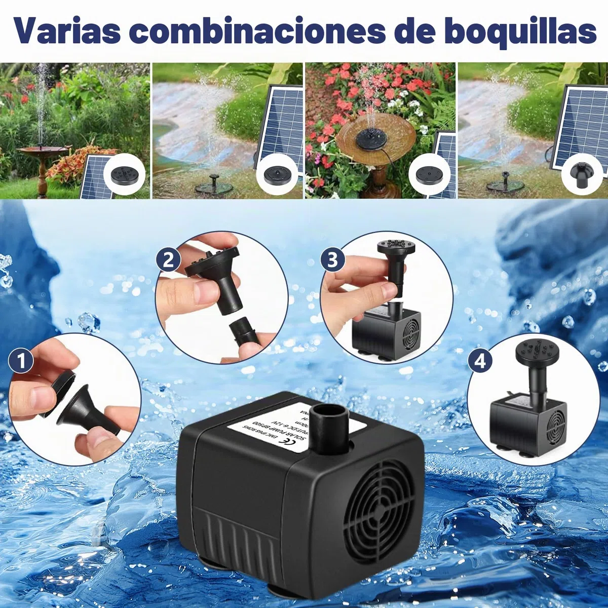 Fuente Solar Jardin Exterior 6.5w, Bomba de Agua Solar, Bomba Solar para Estanque, Bomba de Agua de Estanque Solar con 9 Boquillas, para Jardín Baño de Pájaros, Pecera, Estanque Pequeño