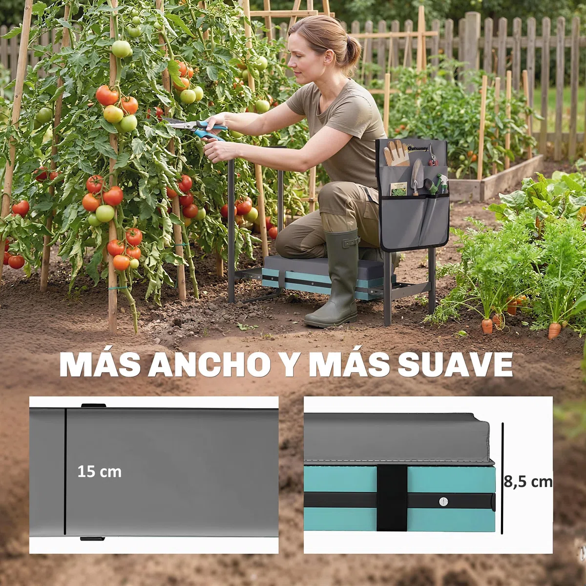 Outsunny Taburete de Jardín Plegable con Almohadilla de Espuma EVA, Asiento de Jardín Portátil con Bolsa para Herramientas, Patas Extensibles, Carga 150kg, Regalo para Jardineros Ancianos, Gris Oscuro