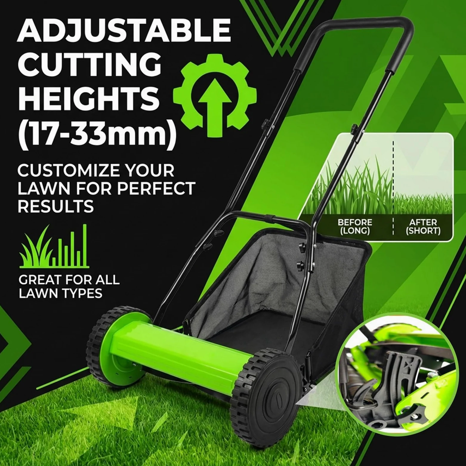 Cortacésped manual, recogedor de césped, cuchillas de acero al manganeso, altura ajustable de 17 a 33 mm, ideal para pequeños jardines y parques, cuidado eficiente del césped