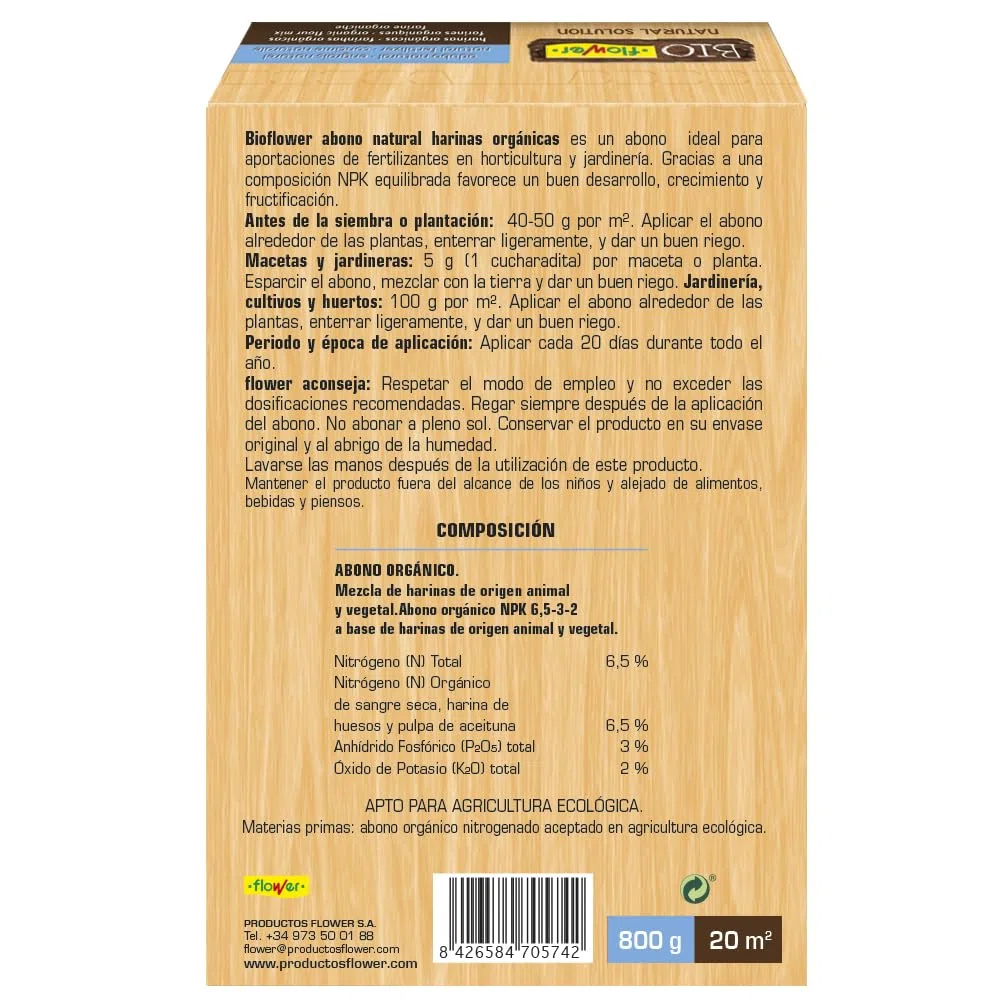 Flower - Harinas Orgánicas 800 gr | Abono Natural | Mejora Desarrollo, Crecimiento y Fructificación | Produce Más Pulpa, No aplica, 16x5.5x23.5 cm, Abono Sólido