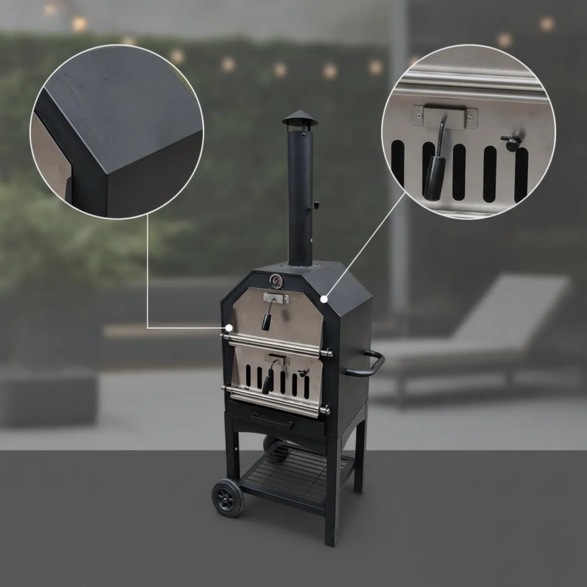 Gralara Parrilla de Carbón Vegetal para Barbacoa Barbacoa Asador Ahumador con Cuerpo Vertical y Chimenea Alta Metal y Acero Inoxidable con Asa Lateral Rueda y