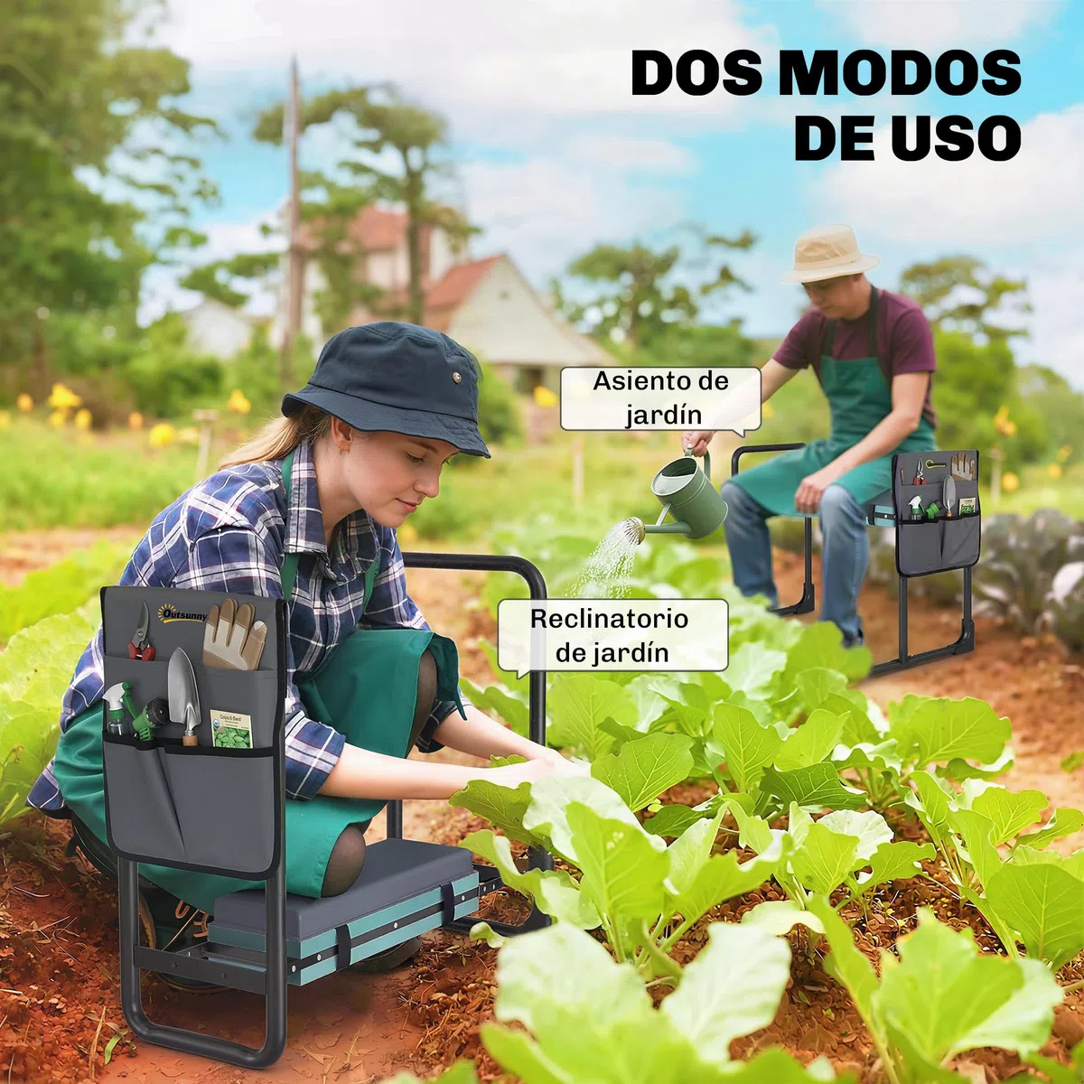 Outsunny Taburete de Jardín Plegable con Almohadilla de Espuma EVA, Asiento de Jardín Portátil con Bolsa para Herramientas, Patas Extensibles, Carga 150kg, Regalo para Jardineros Ancianos, Gris Oscuro