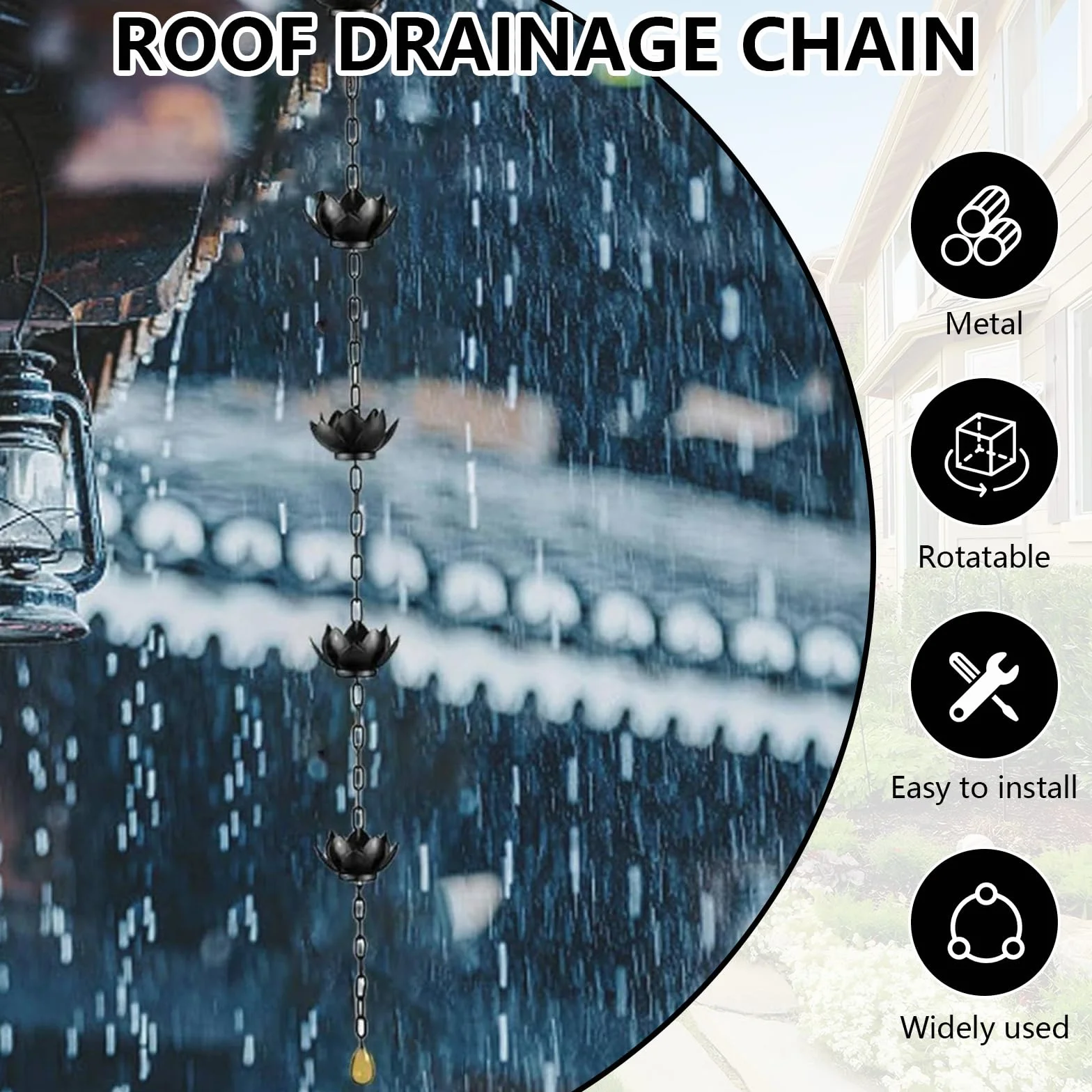 Cadena De Lluvia, 1,2 M Negra para Drenaje De Agua De Lluvia Cadena De Hierro con Forma De Loto para DecoracióN Exterior del Hogar Y JardíN Drenaje Eficiente De Agua De Lluvia