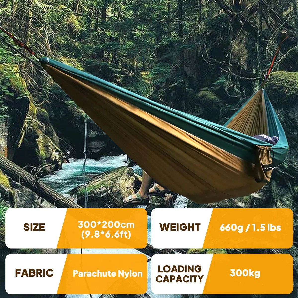 NATUREFUN Hamaca de Viaje Ultraligera 300 kg de Capacidad de Carga paracaídas Nailon Transpirable, de Secado rápido
