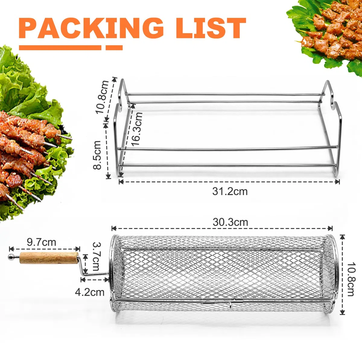 Cesta de Parrilla Rodadiza, Cesta de Parrilla de Acero Inoxidable, Accesorios Barbacoa con Mango de Madera Extraíble, Rejilla Barbacoa Utensilios bbq para Exterior Camping, Regalos Hombre