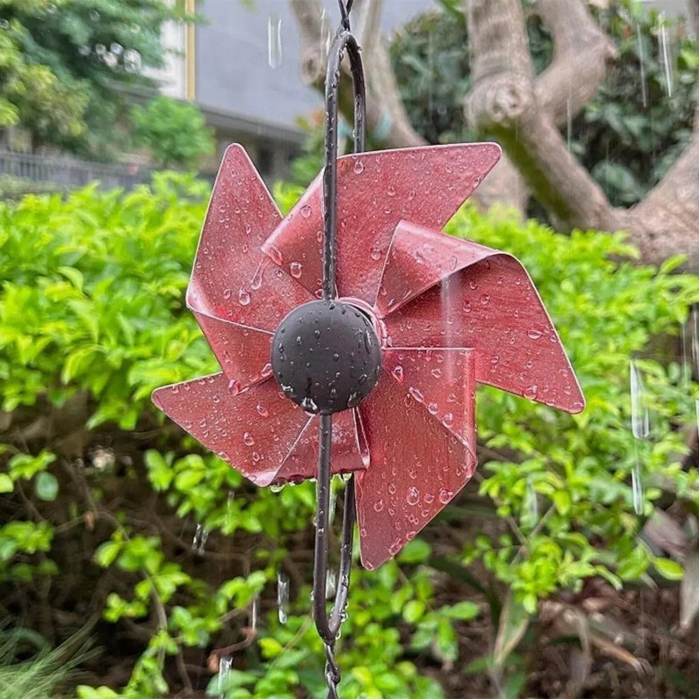 Cadena de lluvia de metal con diseño de molino de viento, cadena decorativa de desviación de agua de 5.5 pies para aleros de jardín y patio, alternativa a canalones al aire libre