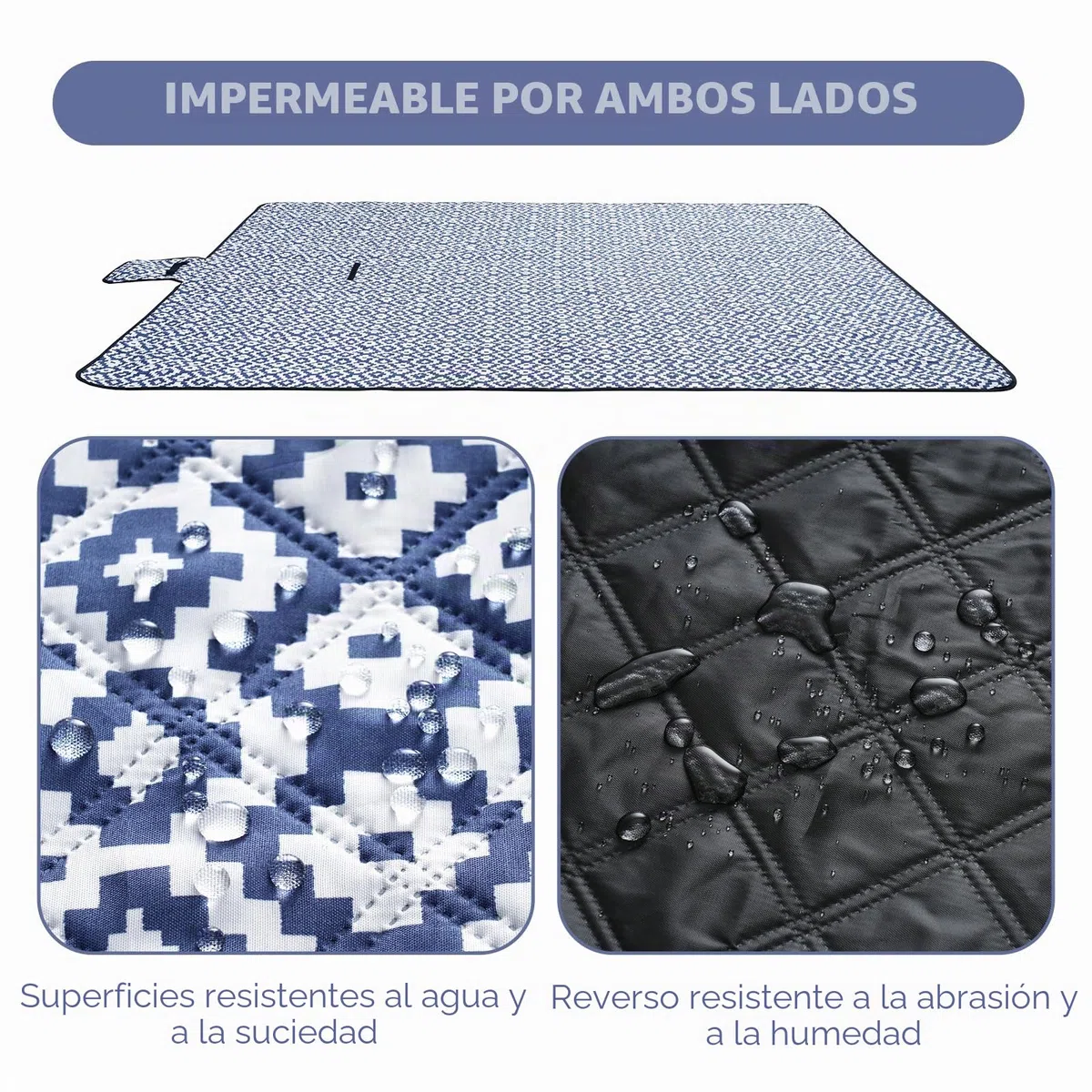 Oak & Tea Manta de Picnic Esterilla Playa Impermeable con 4 Hebillas de Esquina Manta Camping para Playa y Camping 150 x 200 cm Color Azul y Blanco