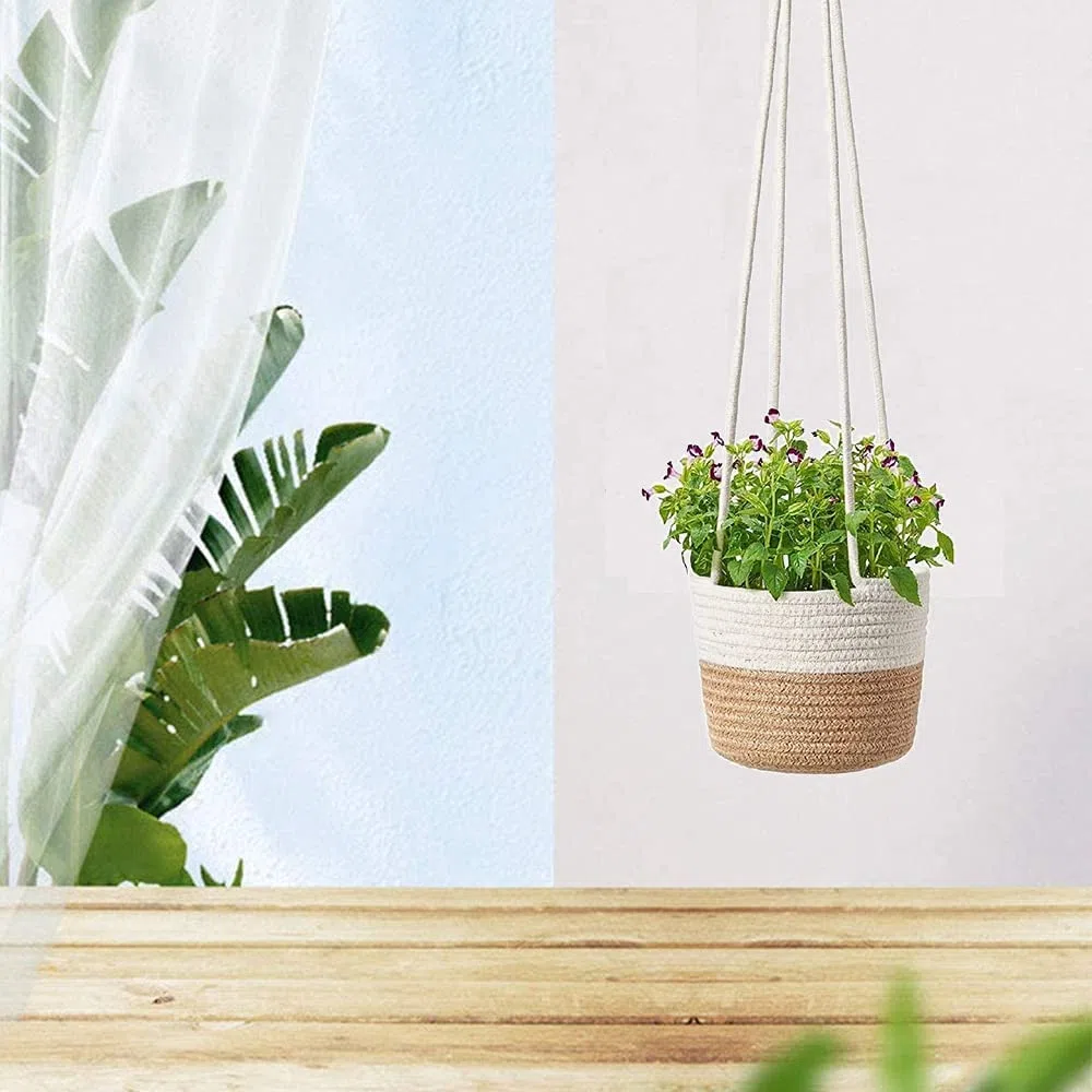 Jardinera Colgante de Cuerda, Maceta Colgante para Plantas, Colgador para Plantas, Algodón Natural Tejidas a Mano Cesta Colgante Plantas con Cuerda Larga Colgar para Decoración del Hogar (Medio)