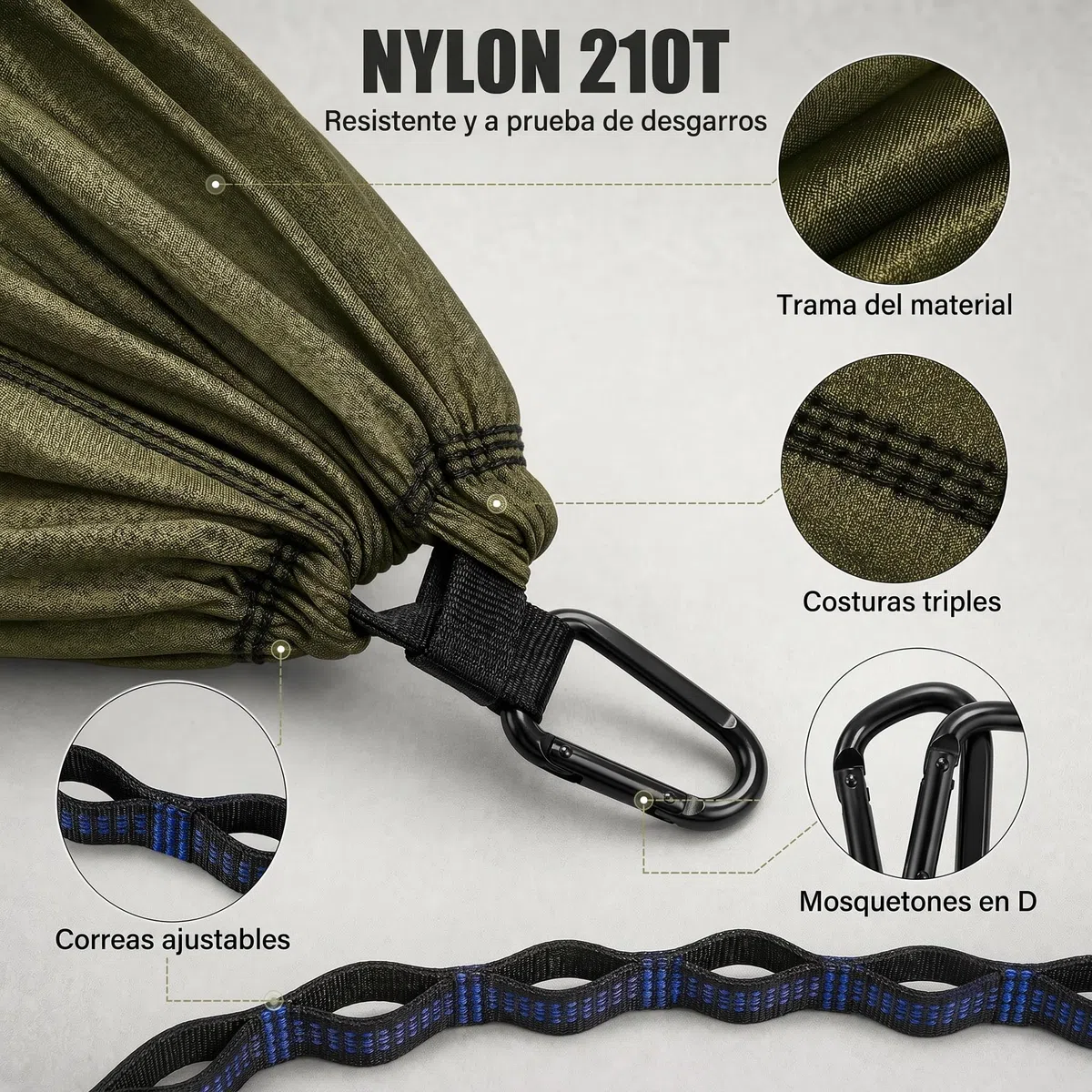 Hamaca Ultraligera Verde Militar para Exterior y Camping, Hamaca Colgante con Correas de fijación y Anillos en D, Carga hasta 300 kg para Jardín Balcón Terraza