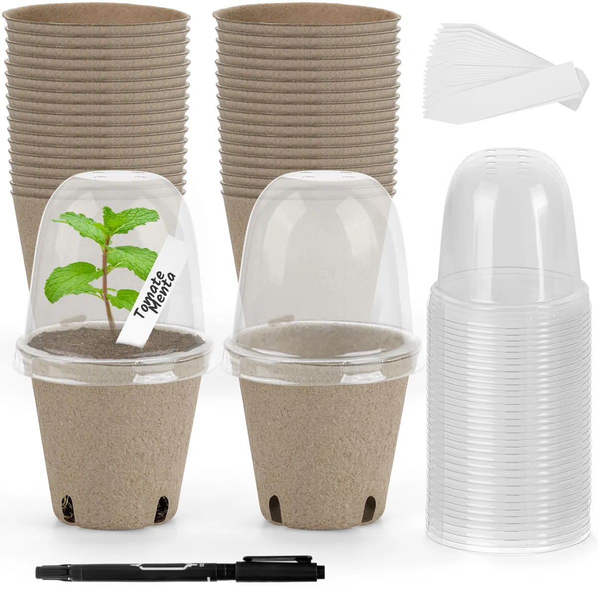Winter Shore Macetas Pequeñas para Vivero de 7,5 cm con Cúpulas de Humedad [36 Pack] Cúpulas Plástico con Respiraderos - Macetas Biodegradables de Papel y Agujeros - Etiquetas Impermeables y Bolígrafo
