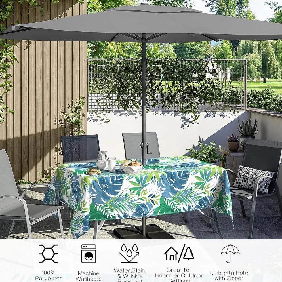 Chickwin Mantel Rectangular Impermeable Exterior con Agujero para Sombrilla y Cremallera, con Estampado Floral 3D, Anti-Manchas Lavable para Mesas de Jardín, Patio, BBQ (Azul Claro,210x150cm)