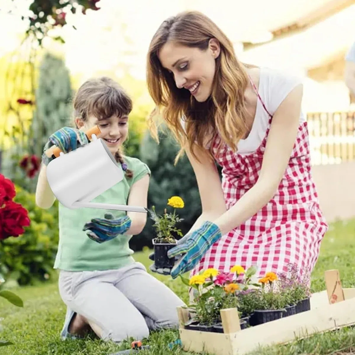 Regadera blanca para plantas de interior, 1 l, de acero inoxidable, con boquilla larga y mango de madera, para plantas suculentas, macetas y flores