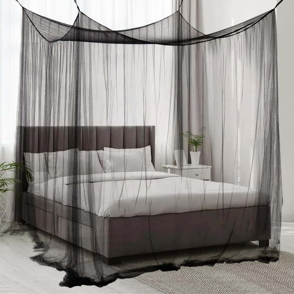Mosquitera para Cama, Tienda de campaña - Mosquitera de Cuatro Puertas 210 x 240 x 190 cm, Mosquitera Cuadrada Negra de poliéster,Mosquitera Interior y Exterior para Camas Individuales y Dobles