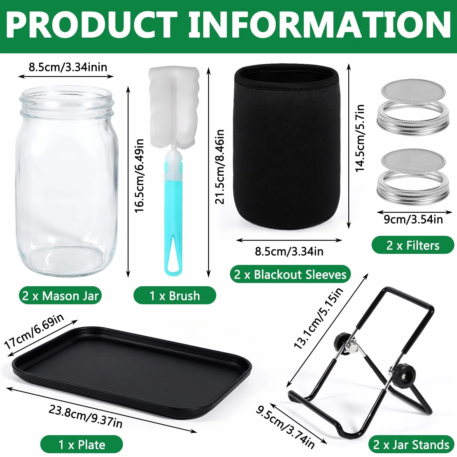 MOYKSRR Kit de Tarros de Germinación, Kit de Brote de Semilla con 2 1000ml Frascos de Vidrio, 2 Soporte, 1 Bandeja,2 Filtros de Acero Inoxidable, 2 Tela de Sombreado y Cepillo, para Cría de Brotes