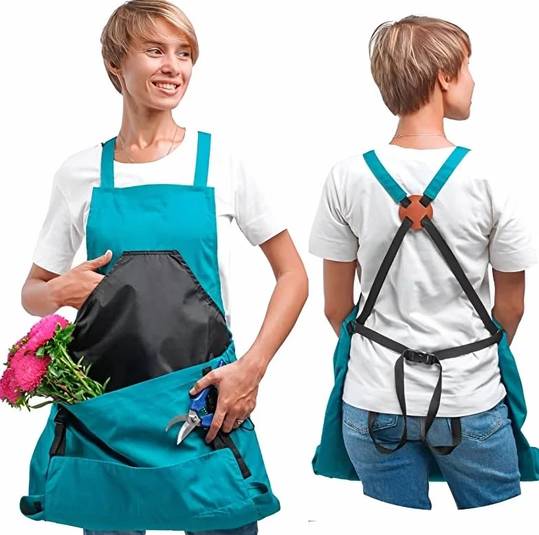 Delantal de Jardín Ajustable,Delantal de Trabajo Lona con Bolsillos Delantal de Jardinería Impermeable Delantal de Cocina Cosecha Hortícola Bolsa frutas verduras para Hombre y Mujere